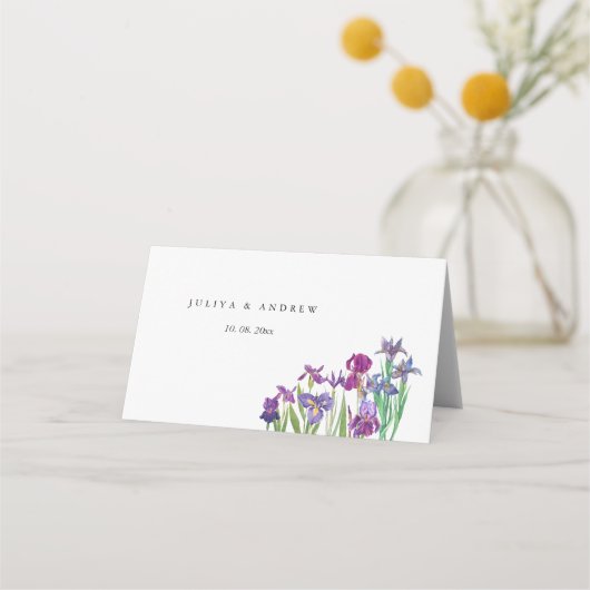 Elegante waterverf Iris bloemenscript bruiloft Plaatskaartje (Achterkant)