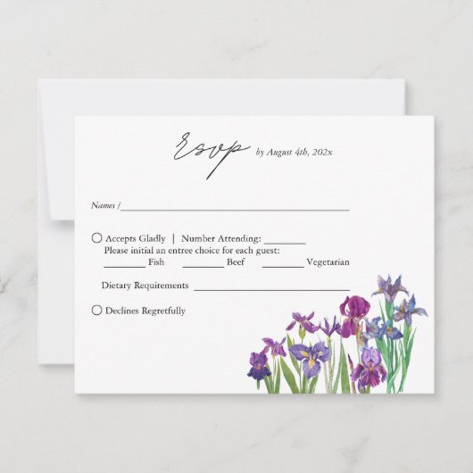 Elegante waterverf Iris bloemenscript bruiloft RSVP Kaartje (Voorkant)