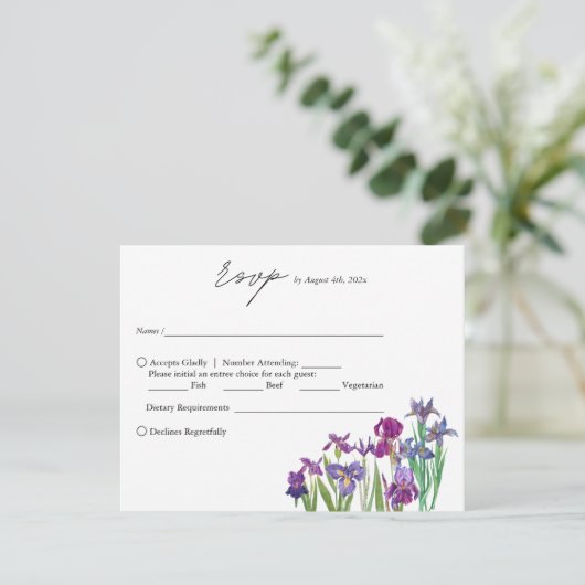 Elegante waterverf Iris bloemenscript bruiloft RSVP Kaartje (Staand voorkant)