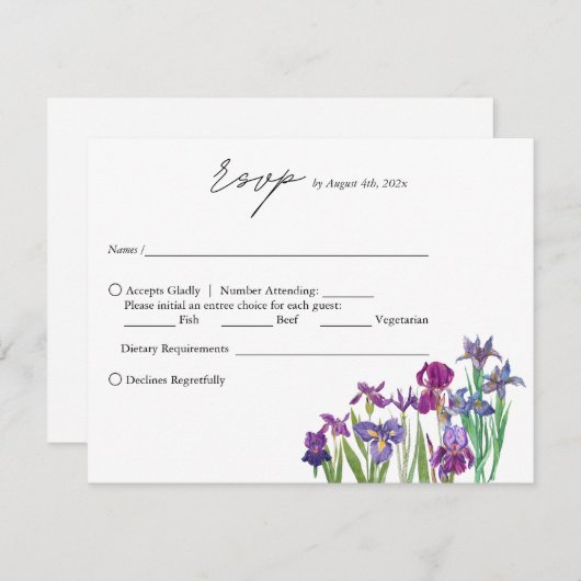Elegante waterverf Iris bloemenscript bruiloft RSVP Kaartje (Voorkant / Achterkant)