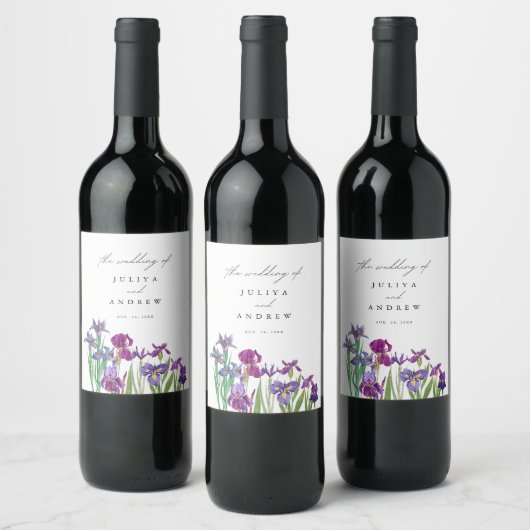 Elegante waterverf Iris bloemenscript bruiloft Wijn Etiket (Flessen)
