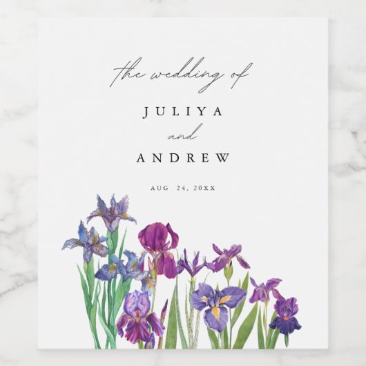 Elegante waterverf Iris bloemenscript bruiloft Wijn Etiket (Enkel label)