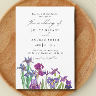 Elegante waterverf Iris in wit schrift trouwdag Kaart