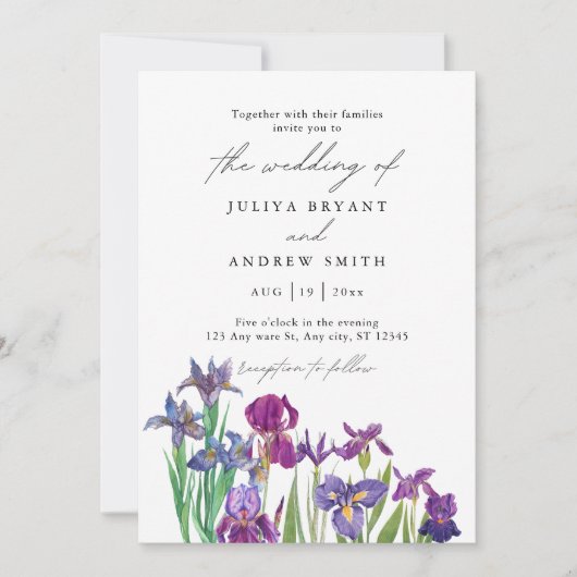 Elegante waterverf Iris in wit schrift trouwdag Kaart (Voorkant)
