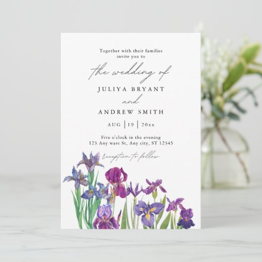 Elegante waterverf Iris in wit schrift trouwdag Kaart (Staand voorkant)