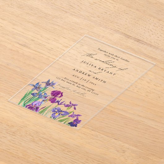 Elegante waterverf Iris in witte script bruiloft Acryl Uitnodigingen (Laagn)