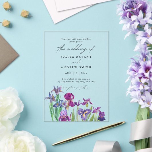 Elegante waterverf Iris in witte script bruiloft Acryl Uitnodigingen (Insitu (Huwelijk))