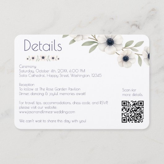 Elegante Waterverf Ivoor Navy Blue Anemone Wedding Informatiekaartje (Voorkant)