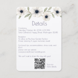 Elegante Waterverf Ivoor Navy Blue Anemone Wedding Informatiekaartje