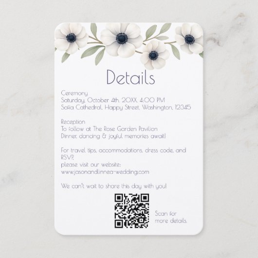 Elegante Waterverf Ivoor Navy Blue Anemone Wedding Informatiekaartje (Voorkant)