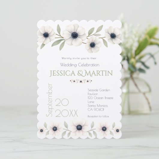 Elegante Waterverf Ivoor Navy Blue Anemone Wedding Kaart (Staand voorkant)