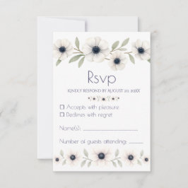 Elegante Waterverf Ivoor Navy Blue Anemone Wedding RSVP Kaartje