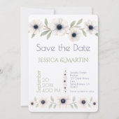 Elegante Waterverf Ivoor Navy Blue Anemone Wedding Save The Date (Voorkant)