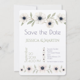 Elegante Waterverf Ivoor Navy Blue Anemone Wedding Save The Date