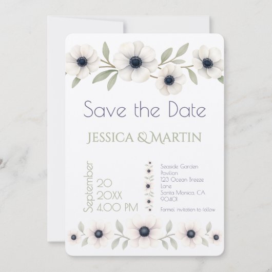 Elegante Waterverf Ivoor Navy Blue Anemone Wedding Save The Date (Voorkant)