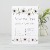 Elegante Waterverf Ivoor Navy Blue Anemone Wedding Save The Date (Staand voorkant)