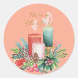 Elegante Waterverf Kaarslicht Kerstkaart Ronde Sticker