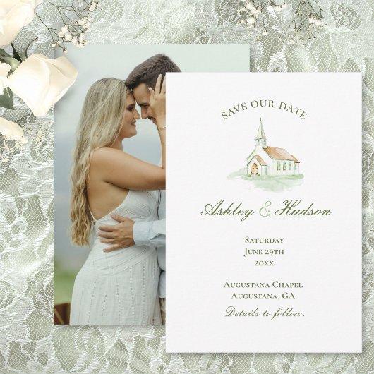 Elegante Waterverf Kapel Foto Save the Date