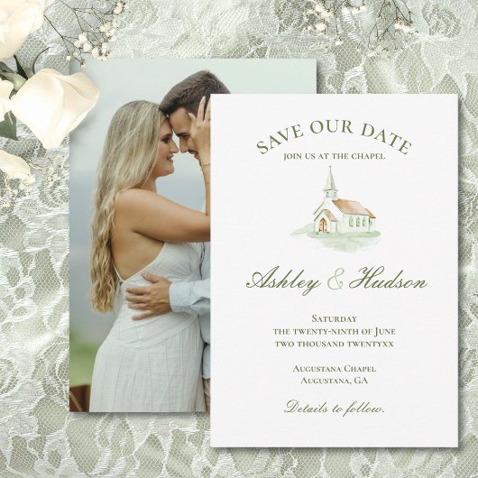 Elegante Waterverf Kapel Foto Save the Date