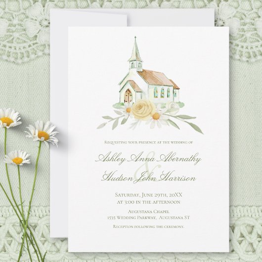 Elegante Waterverf Kerk Bloemige Bruiloft Kaart