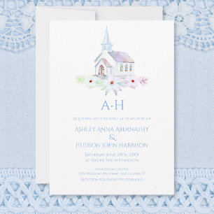 Elegante Waterverf Kerk Bloemrijke Monogram Huweli Kaart