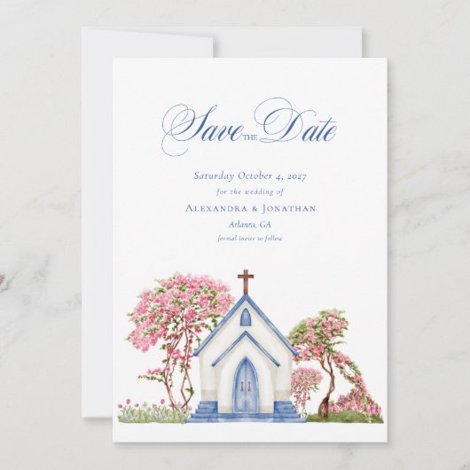 Elegante waterverf kerk trouw save the date  kaart (Voorkant)
