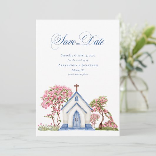 Elegante waterverf kerk trouw save the date  kaart (Staand voorkant)
