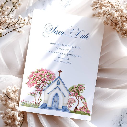 Elegante waterverf kerk trouw save the date  kaart