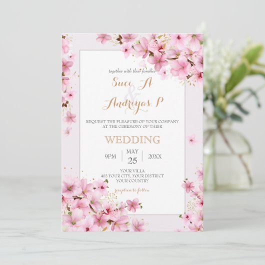 Elegante Waterverf Kersenbloesem Lente Trouwfeest Kaart (Staand voorkant)
