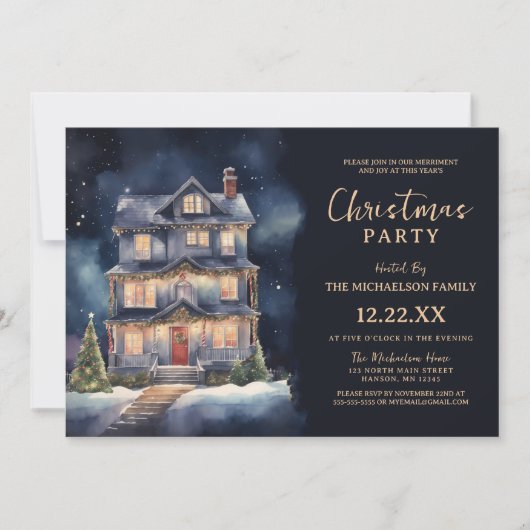 Elegante Waterverf Kerst Huis Party Kaart (Voorkant)