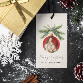 Elegante Waterverf Kerst Ornament Familie Foto Cadeaulabel