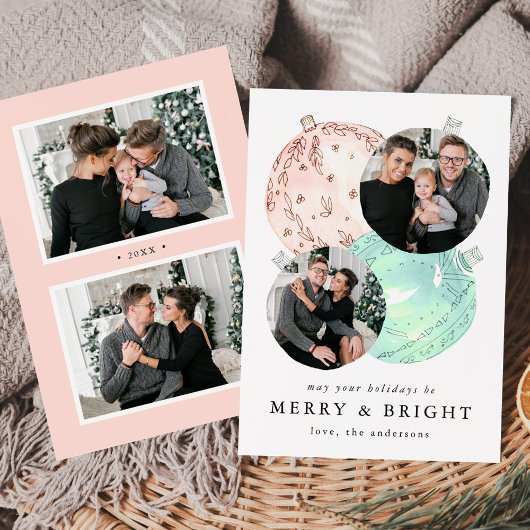 Elegante Waterverf kerstballen 4 Foto Feestdagenkaart