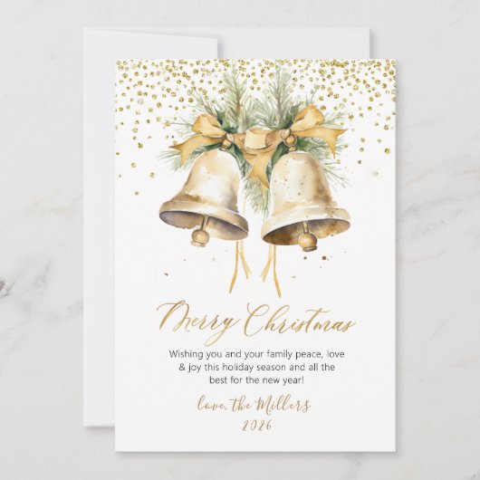 Elegante Waterverf kerstbellen Gold Glitter Feestdagenkaart (Voorkant)