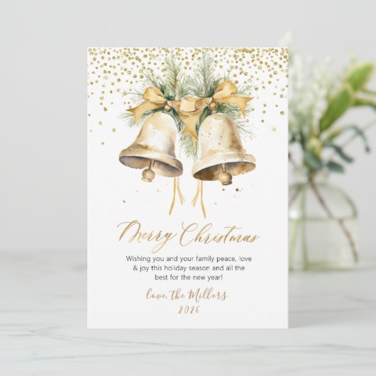Elegante Waterverf kerstbellen Gold Glitter Feestdagenkaart (Staand voorkant)
