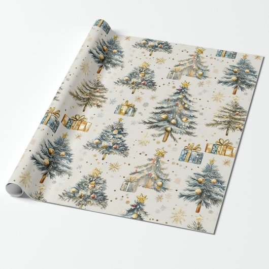 Elegante Waterverf kerstbomen Cadeaupapier (Uitgerold)