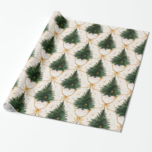 Elegante Waterverf kerstbomen met gouden bogen Cadeaupapier (Uitgerold)