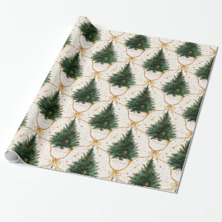 Elegante waterverf kerstbomen met gouden strikken cadeaupapier
