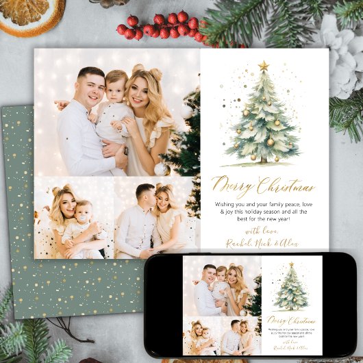 Elegante Waterverf Kerstboom 3 Fotocollage Feestdagenkaart