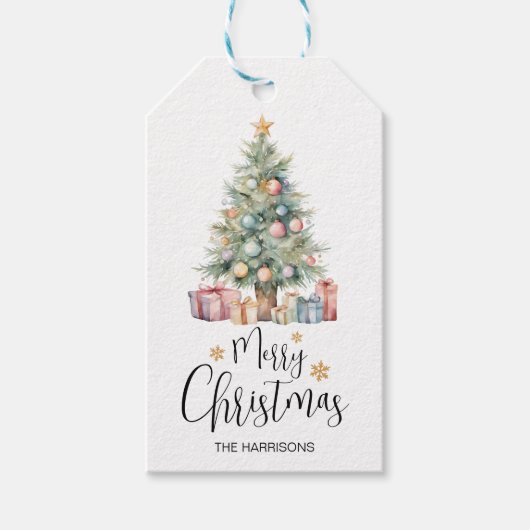 Elegante Waterverf kerstboom & Cadeaus Cadeaulabel (Voorkant)