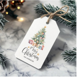 Elegante Waterverf kerstboom & Cadeaus Cadeaulabel