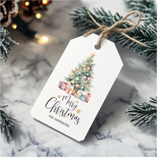 Elegante Waterverf kerstboom & Cadeaus Cadeaulabel