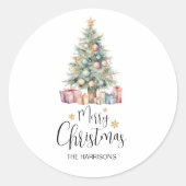 Elegante Waterverf kerstboom & Cadeaus Ronde Sticker (Voorkant)