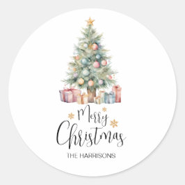 Elegante Waterverf kerstboom & Cadeaus Ronde Sticker