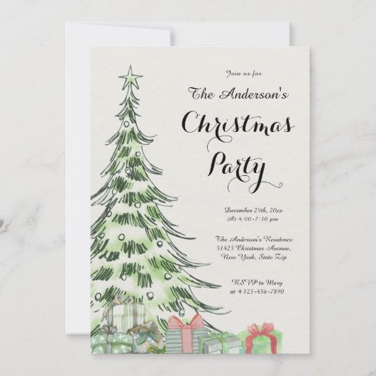 Elegante Waterverf Kerstboom Feest Kaart (Voorkant)