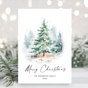 Elegante Waterverf Kerstboom Feestdagenkaart