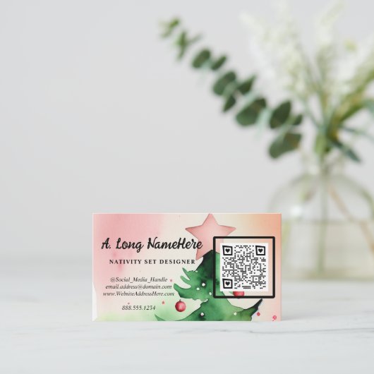 Elegante Waterverf kerstboom QR-code Informatiekaartje (Staand voorkant)