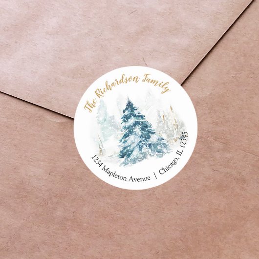 Elegante waterverf Kerstboom retouradres Ronde Sticker
