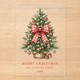 Elegante Waterverf Kerstboom Rode Gingham Strik Acryl Uitnodigingen