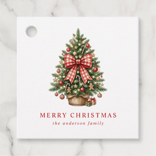Elegante Waterverf Kerstboom Rode Gingham Strik Bedankjes Labels (Voorkant)
