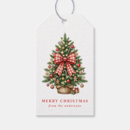 Elegante Waterverf Kerstboom Rode Gingham Strik Cadeaulabel
